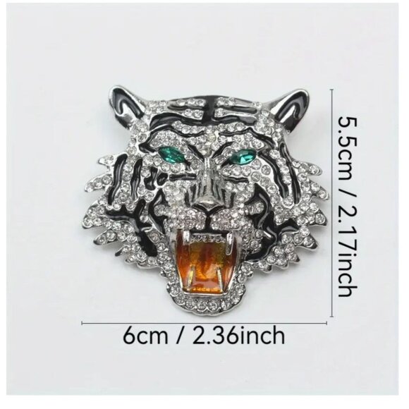 Tiger Head Clear Crystal Rhinestone & Enamel Brooch Pin - Picture 2 of 2